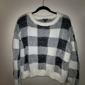 Express Womens Buffalo White Black Plaid Soft Fuzzy Sweater
